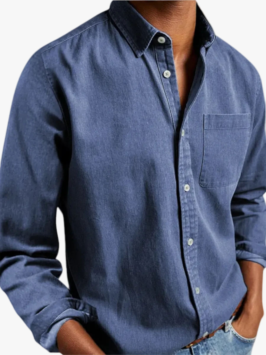 Men's Casual Woven Button-Up Shirt with Point Collar and Chest Pocket