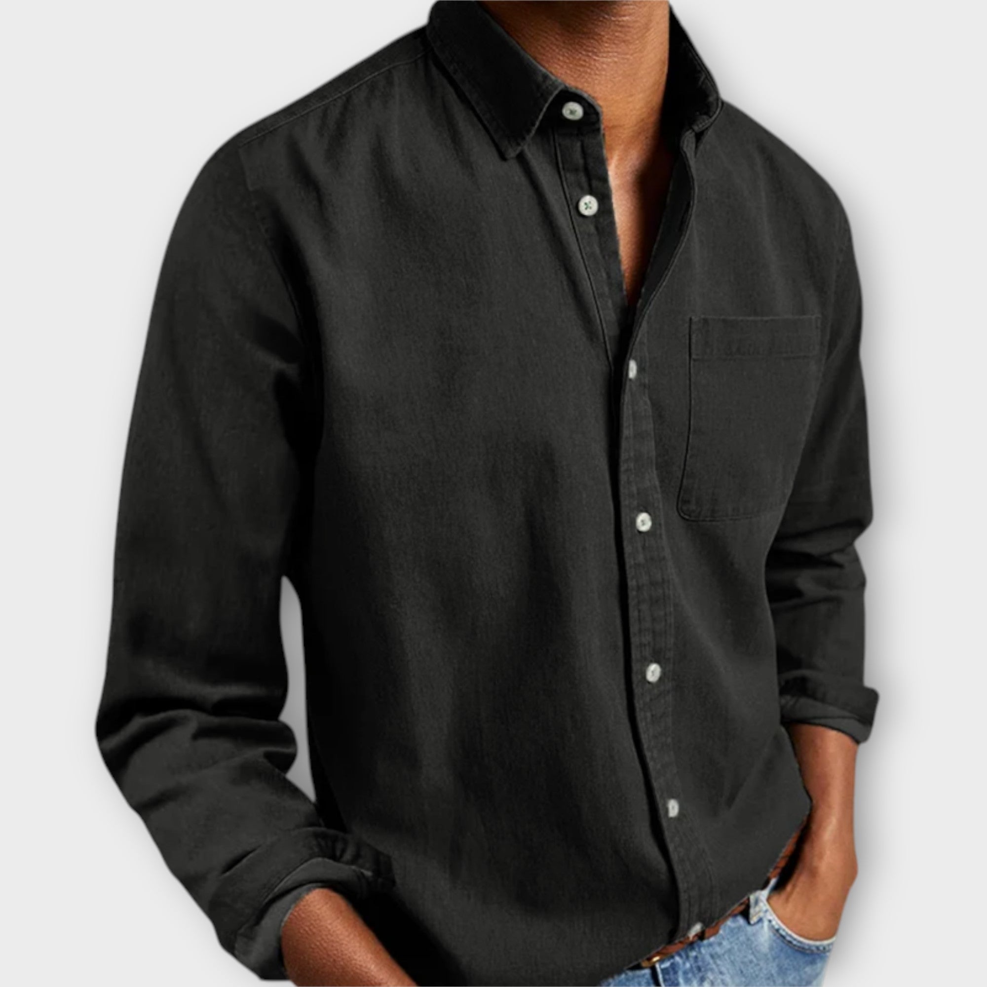 Men's Casual Woven Button-Up Shirt with Point Collar and Chest Pocket