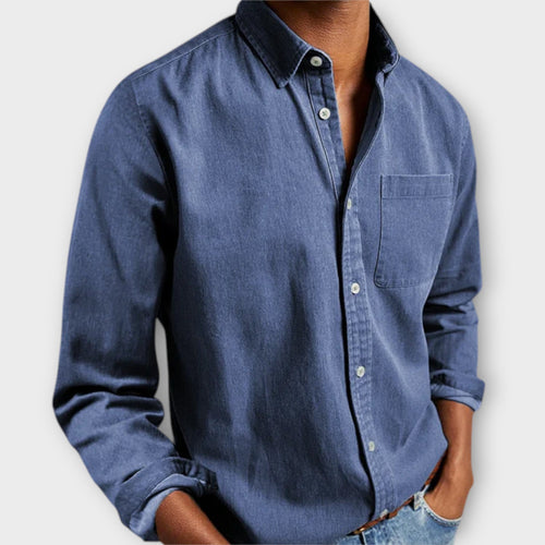 Men's Casual Woven Button-Up Shirt with Point Collar and Chest Pocket