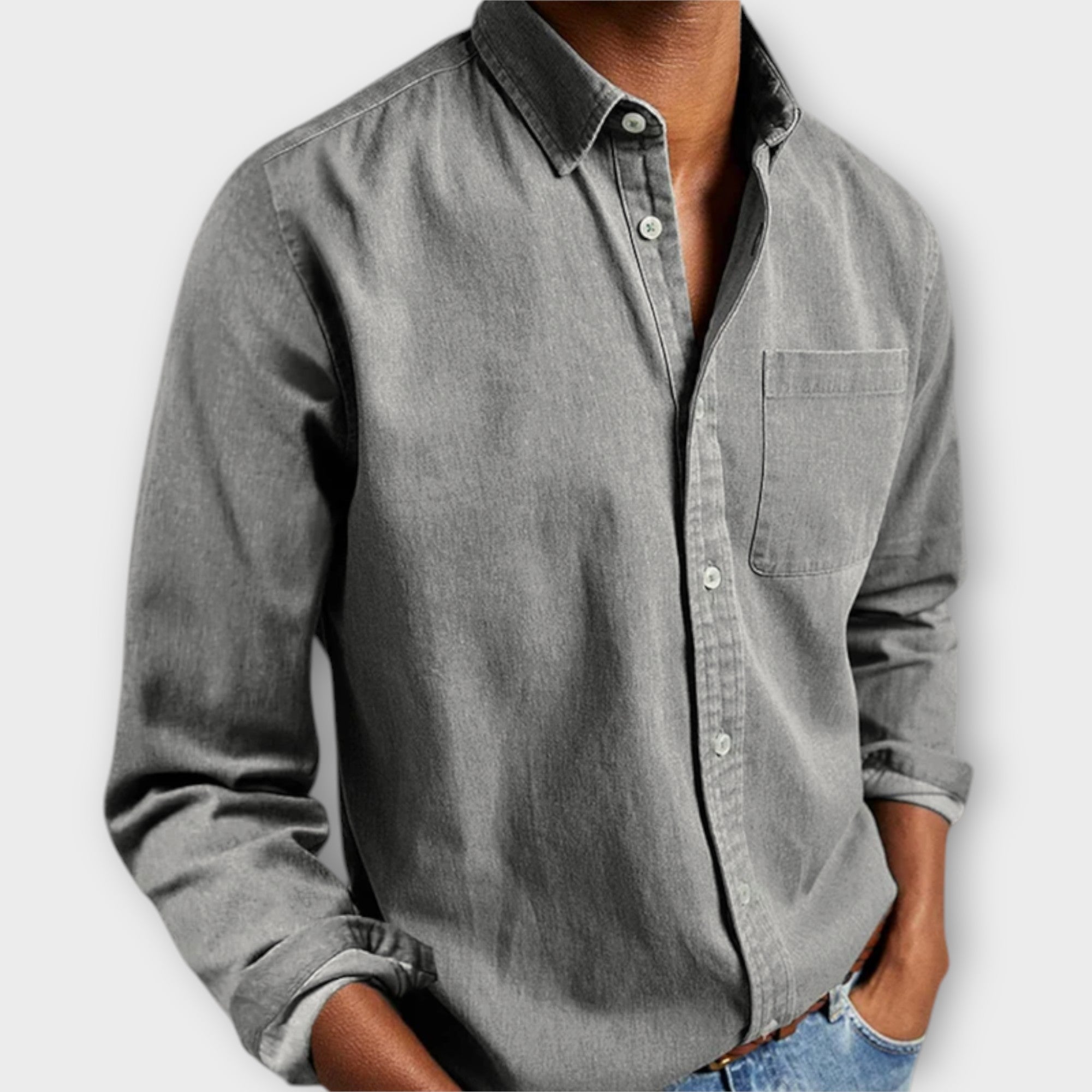 Men's Casual Woven Button-Up Shirt with Point Collar and Chest Pocket