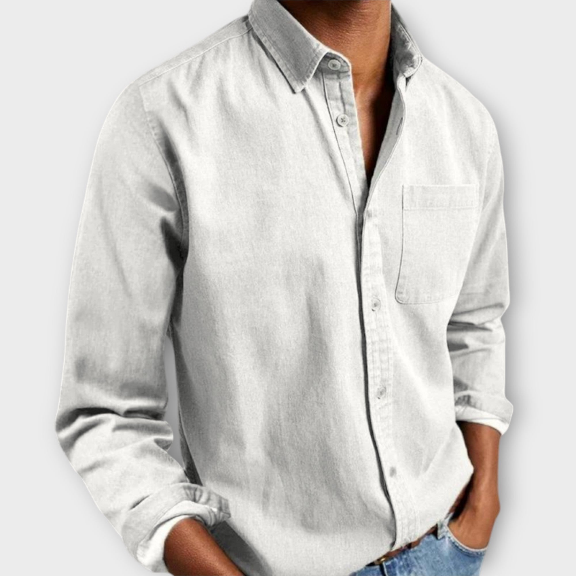 Men's Casual Woven Button-Up Shirt with Point Collar and Chest Pocket