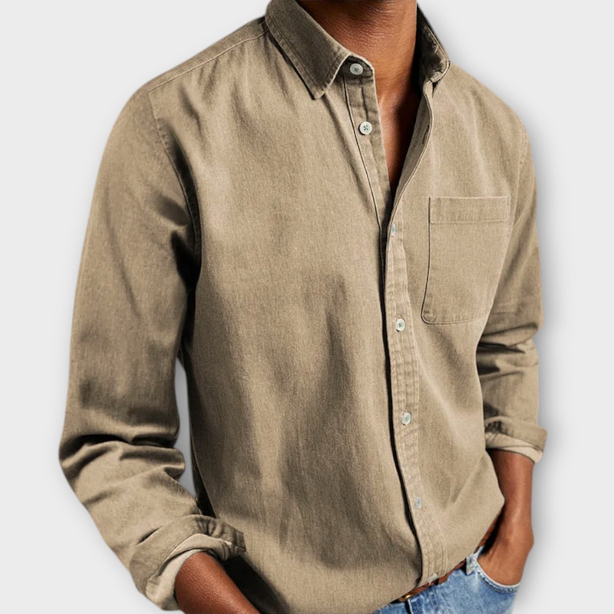 Men's Casual Woven Button-Up Shirt with Point Collar and Chest Pocket