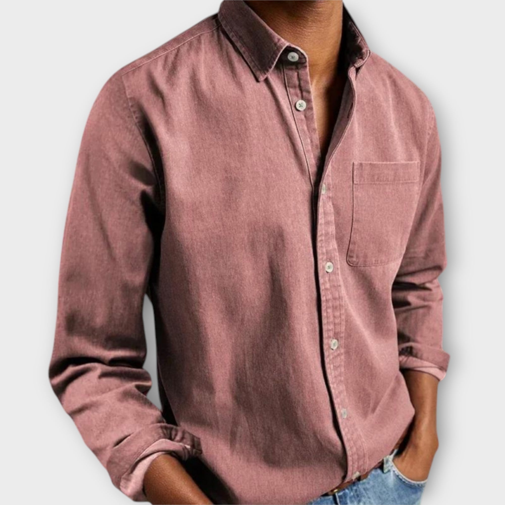 Men's Casual Woven Button-Up Shirt with Point Collar and Chest Pocket