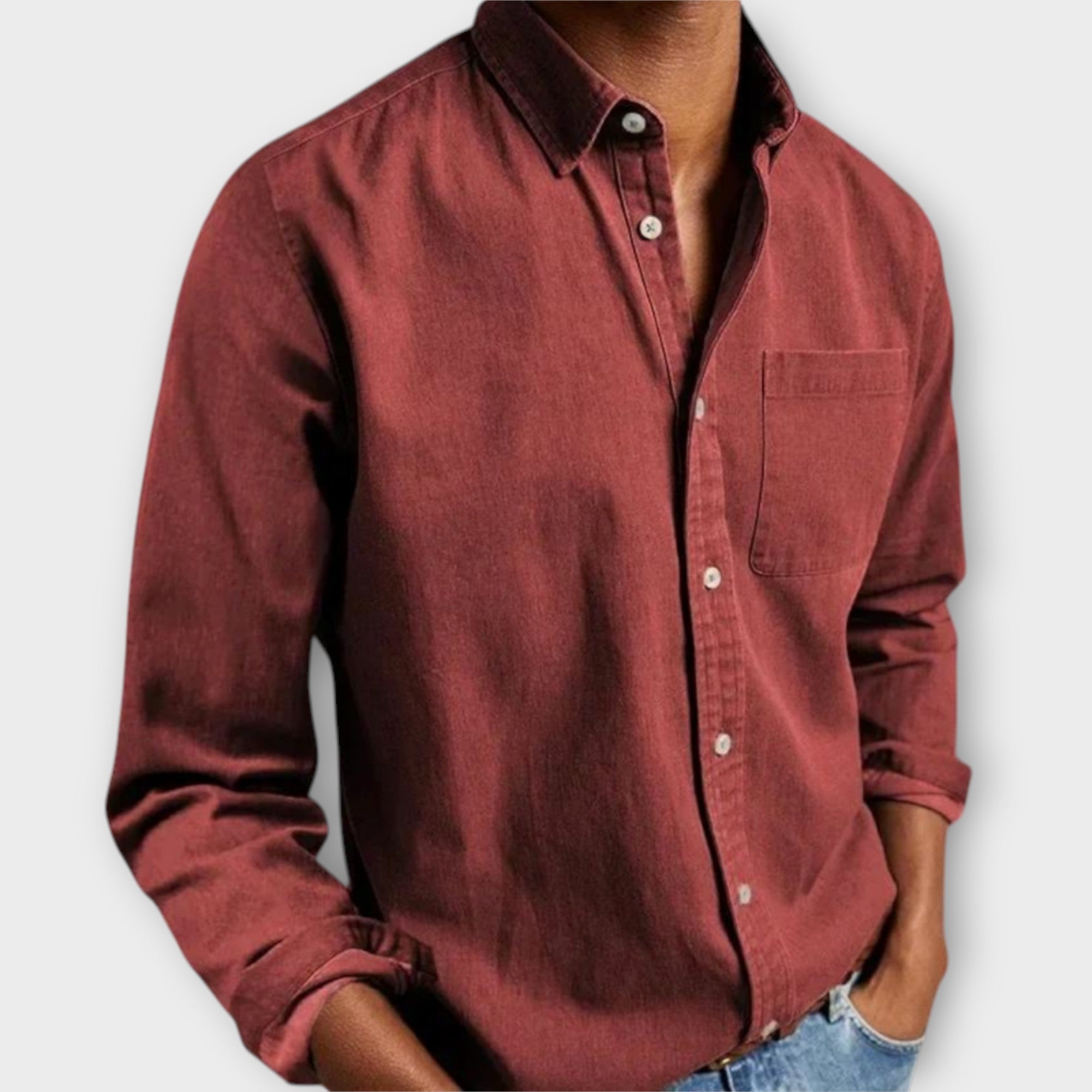 Men's Casual Woven Button-Up Shirt with Point Collar and Chest Pocket
