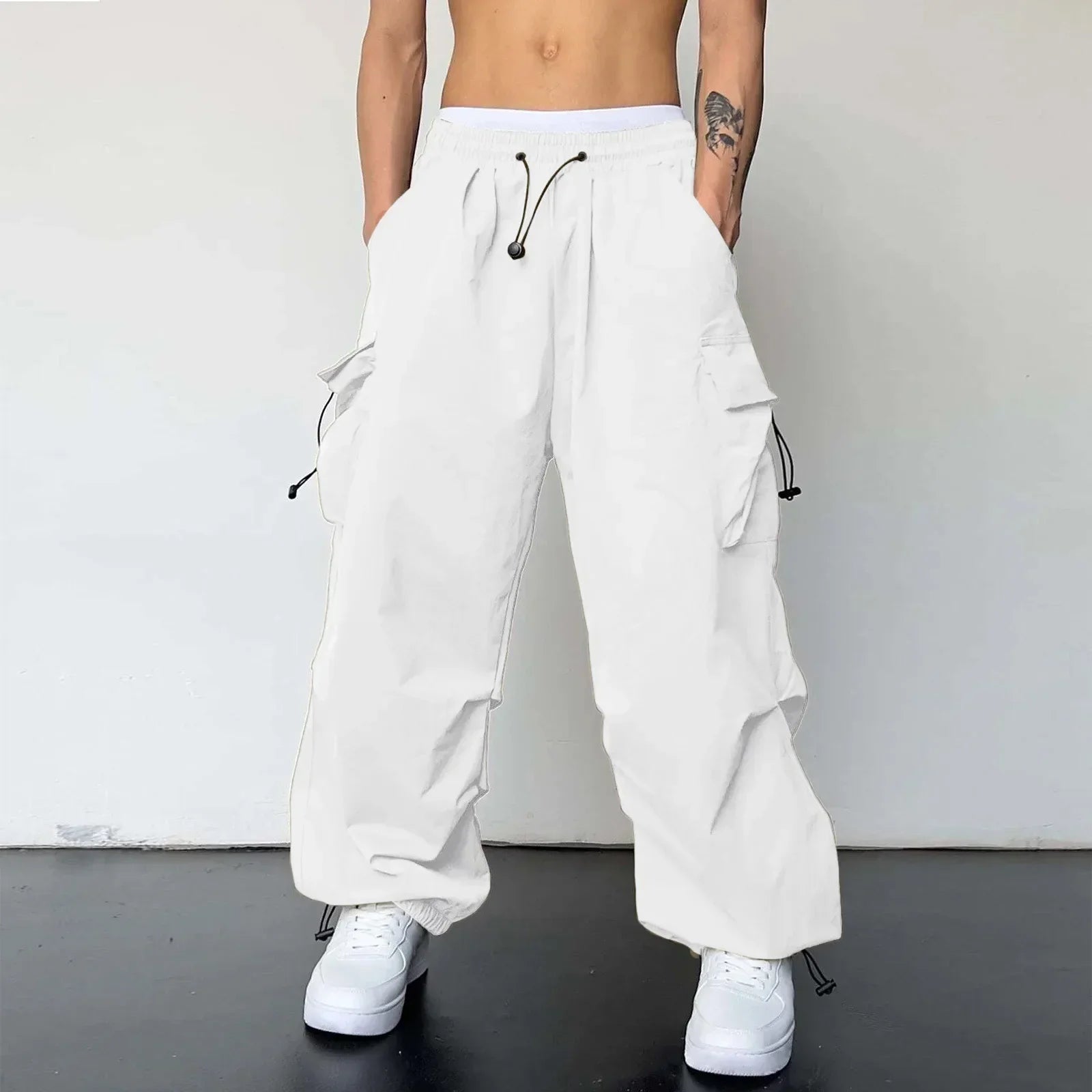 Men's Casual Woven Cargo Pants with Drawstring and Toggle Cuffs