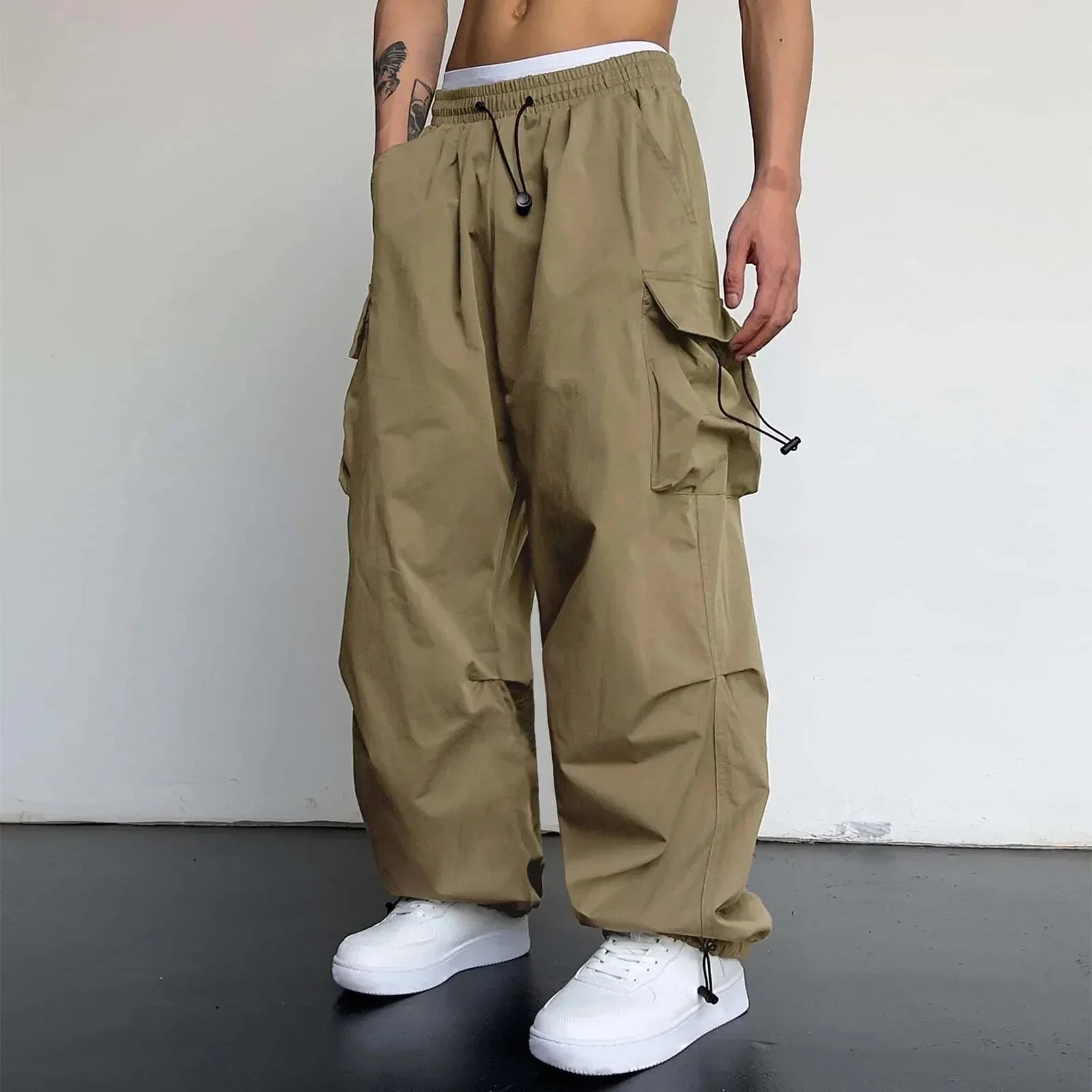 Men's Casual Woven Cargo Pants with Drawstring and Toggle Cuffs