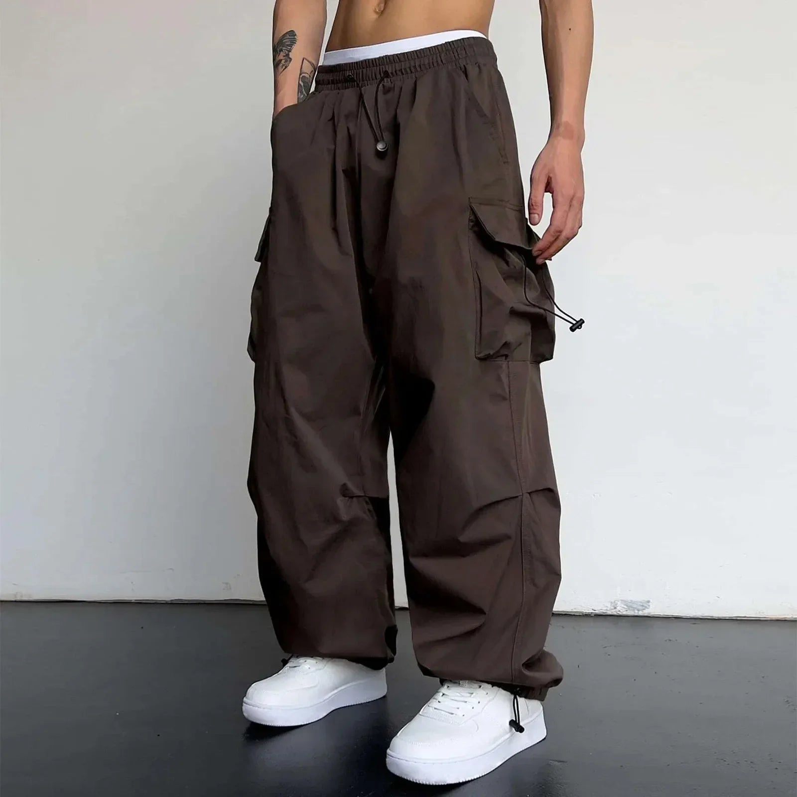 Men's Casual Woven Cargo Pants with Drawstring and Toggle Cuffs