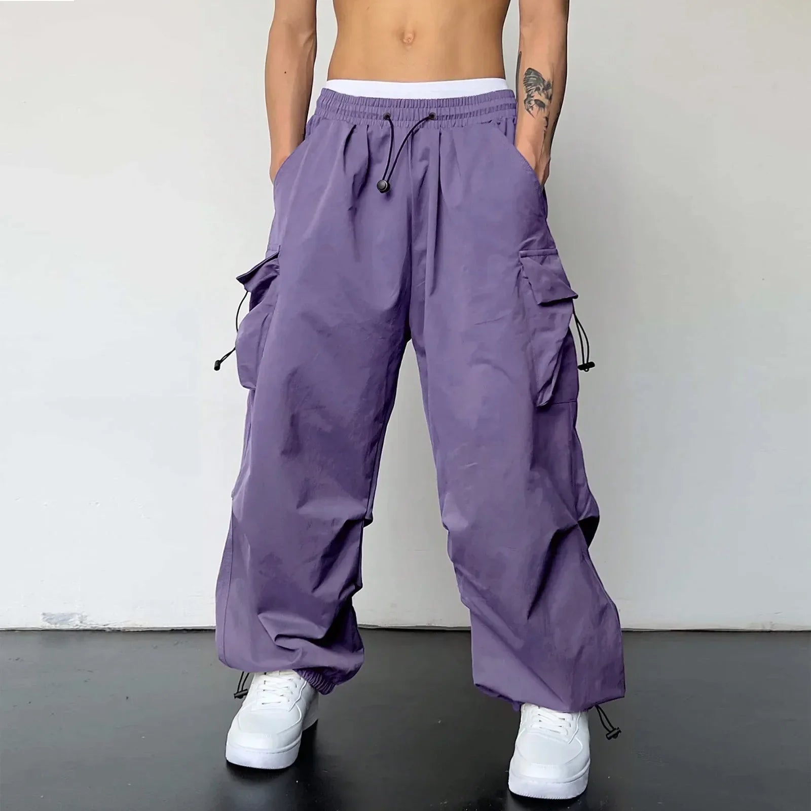 Men's Casual Woven Cargo Pants with Drawstring and Toggle Cuffs