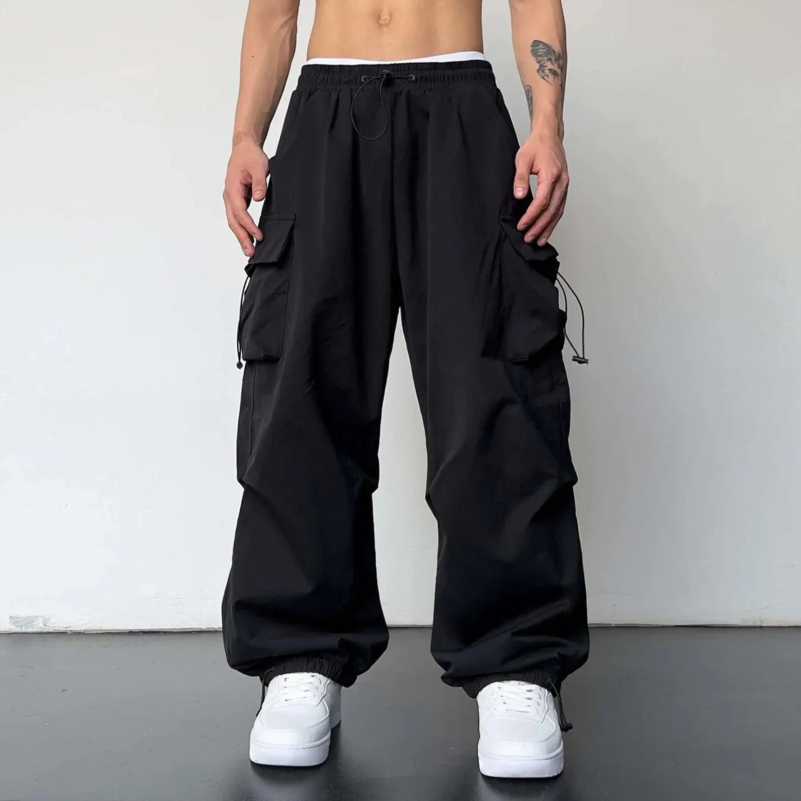 Men's Casual Woven Cargo Pants with Drawstring and Toggle Cuffs