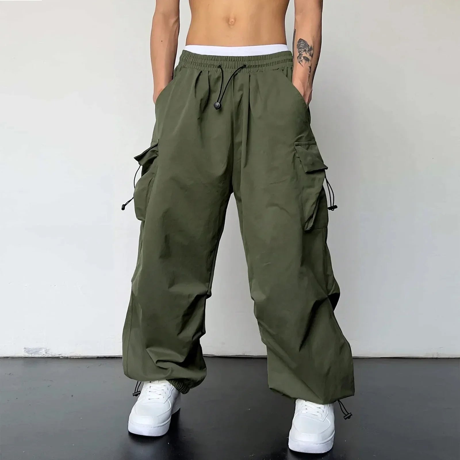 Men's Casual Woven Cargo Pants with Drawstring and Toggle Cuffs