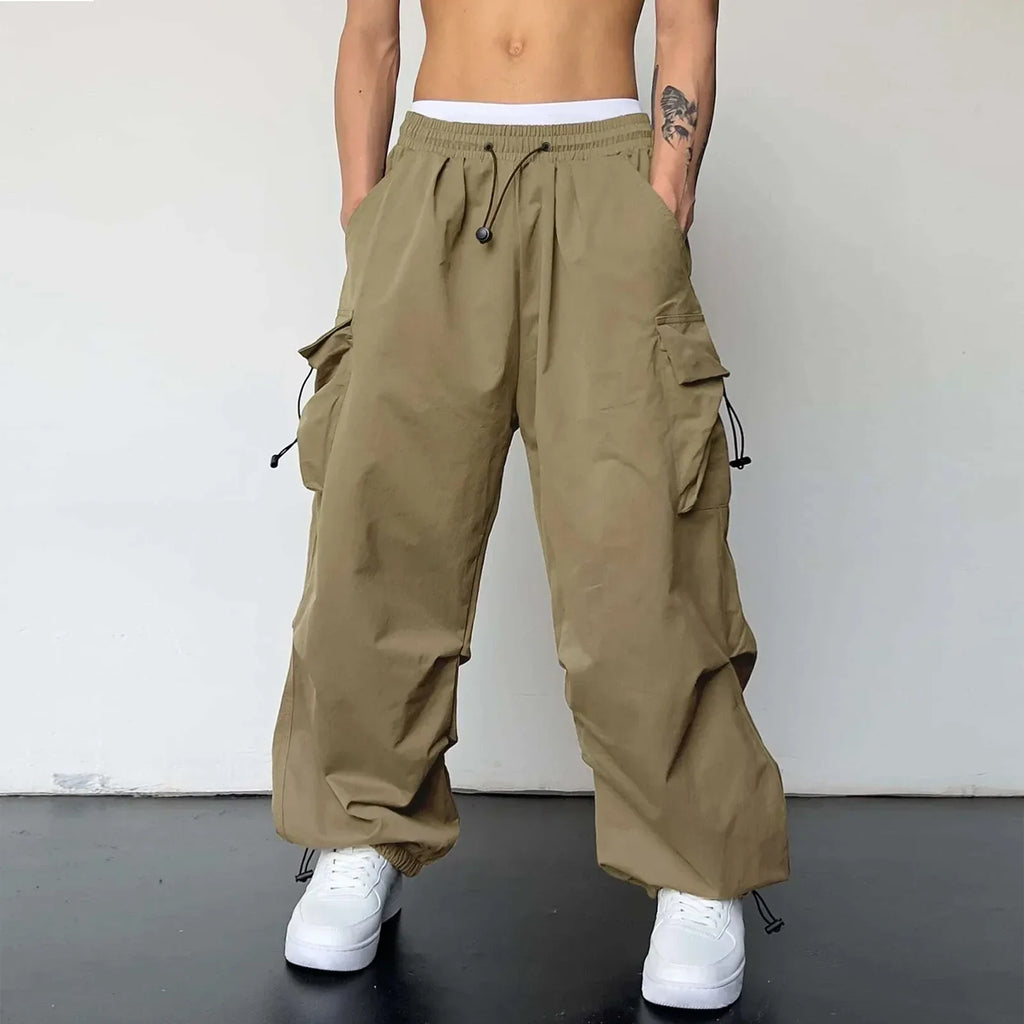 Men's Casual Woven Cargo Pants with Drawstring and Toggle Cuffs