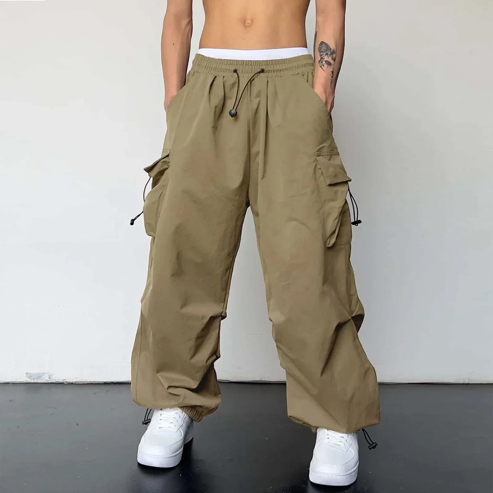Men's Casual Woven Cargo Pants with Drawstring and Toggle Cuffs