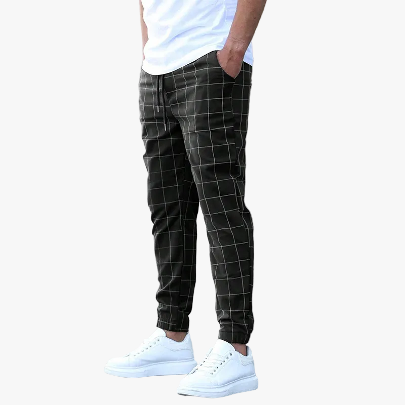 Men's Casual Woven Pants with Drawstring Waist and Grid Pattern