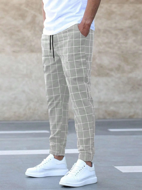 Men's Casual Woven Pants with Drawstring Waist and Grid Pattern