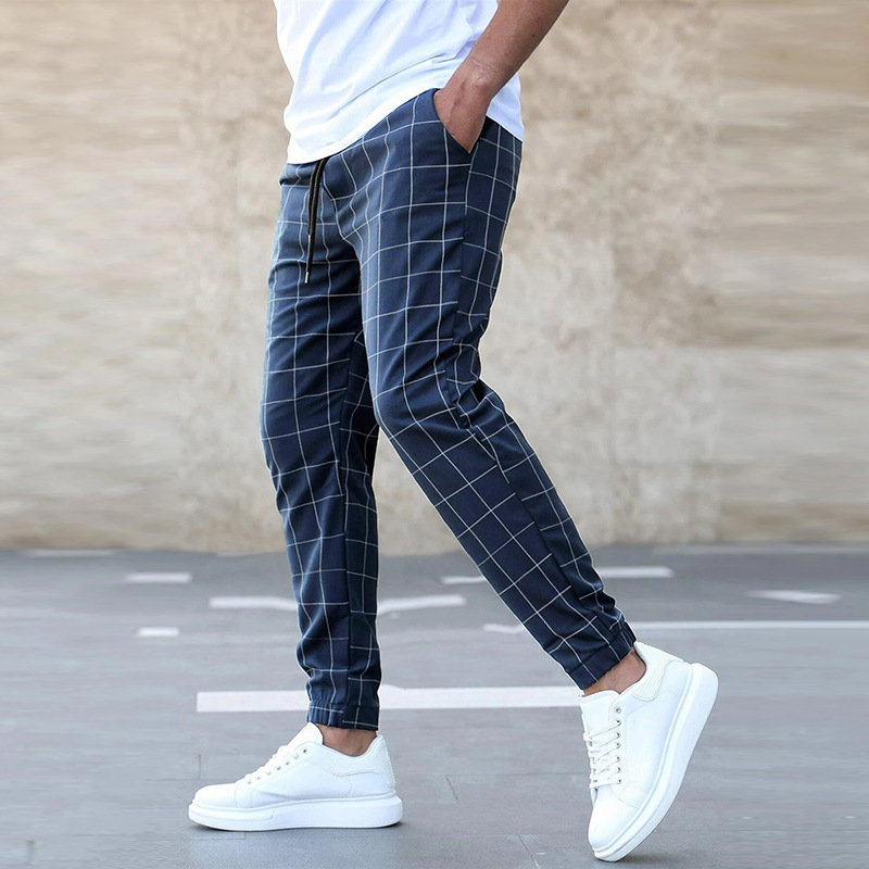 Men's Casual Woven Pants with Drawstring Waist and Grid Pattern