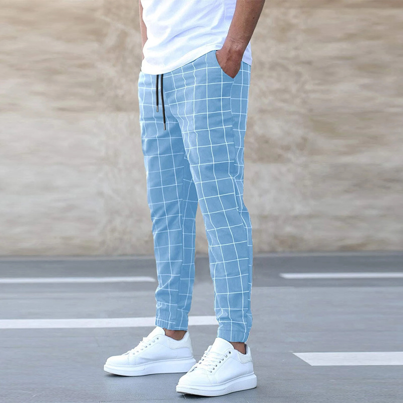 Men's Casual Woven Pants with Drawstring Waist and Grid Pattern
