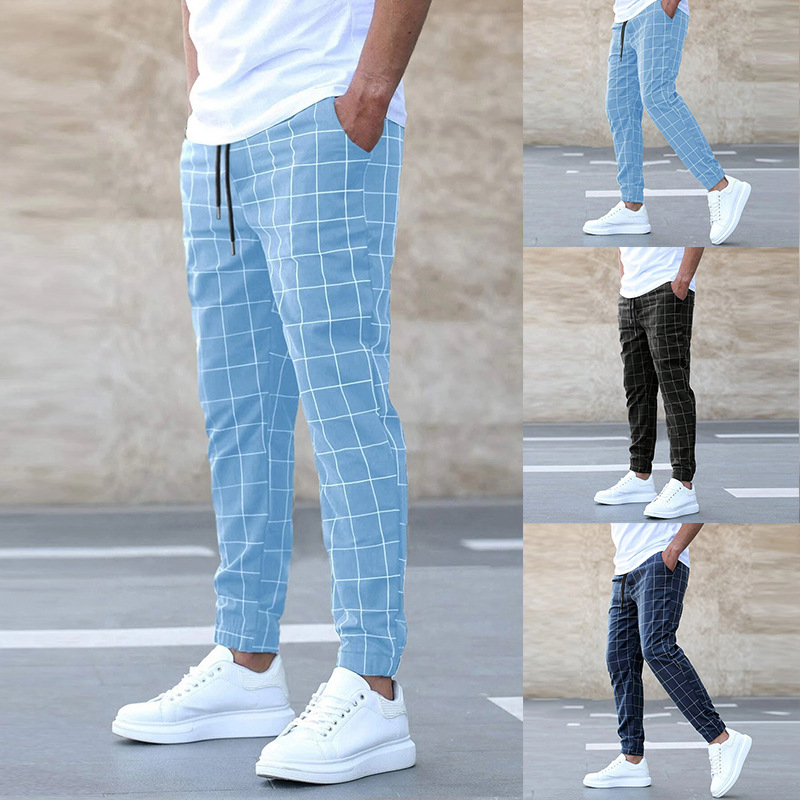 Men's Casual Woven Pants with Drawstring Waist and Grid Pattern