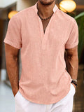 Men's Casual Woven Polo Shirt with V Neck and Band Collar