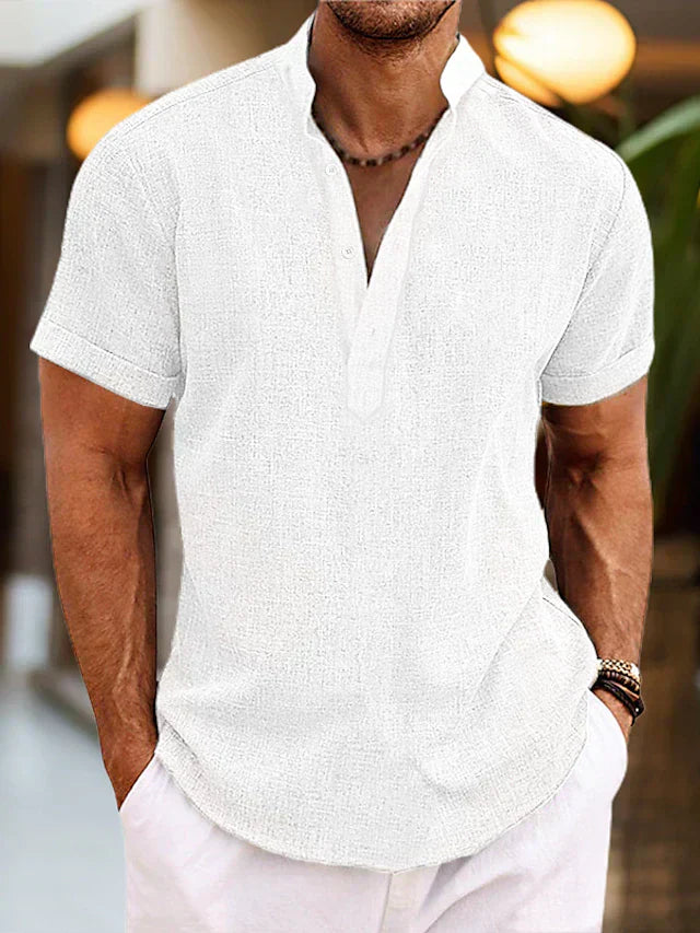 Men's Casual Woven Polo Shirt with V Neck and Band Collar