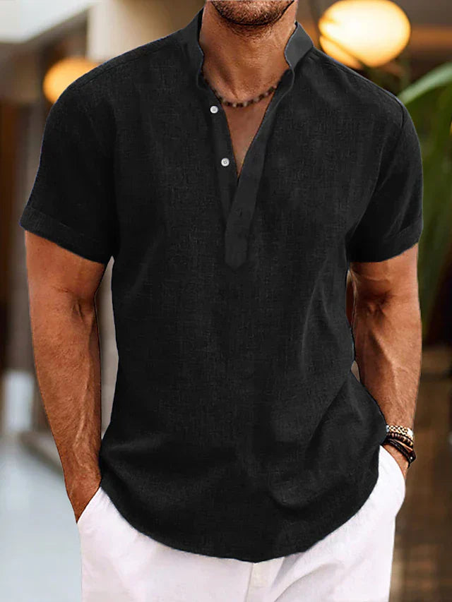 Men's Casual Woven Polo Shirt with V Neck and Band Collar