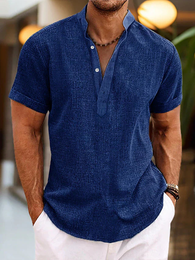 Men's Casual Woven Polo Shirt with V Neck and Band Collar