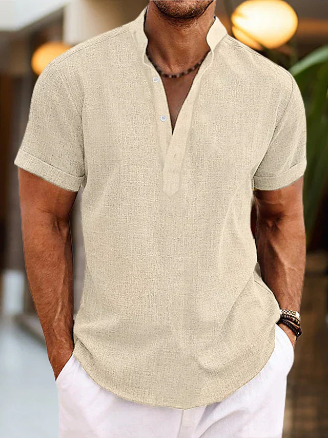 Men's Casual Woven Polo Shirt with V Neck and Band Collar