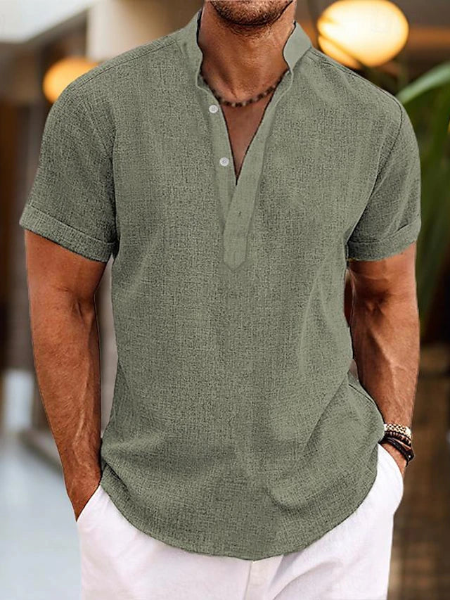 Men's Casual Woven Polo Shirt with V Neck and Band Collar
