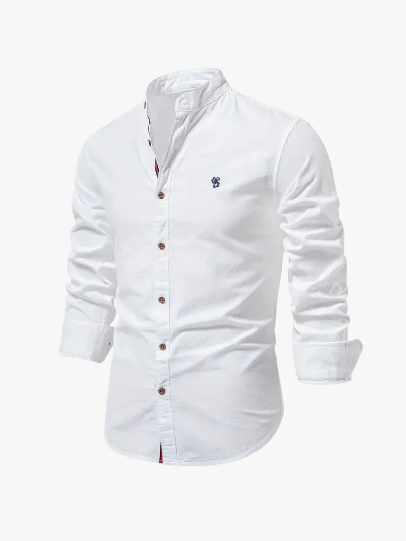 Men's Casual Woven Shirt with Band Collar and Button Cuffs