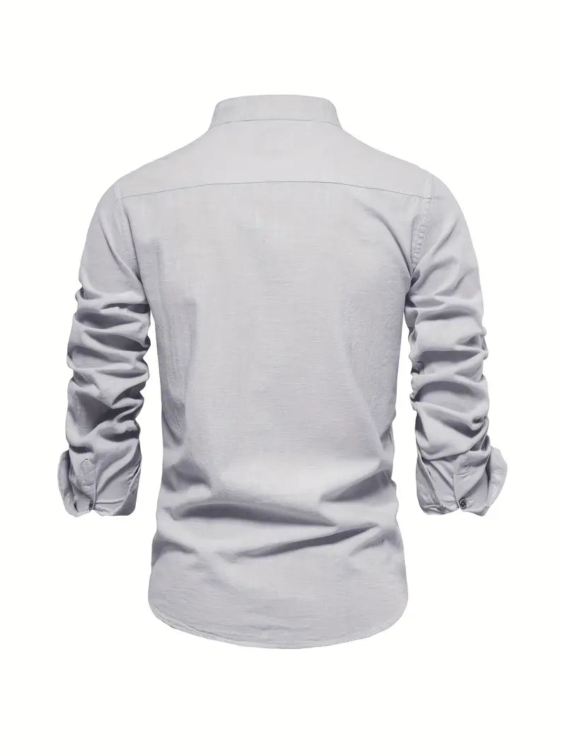 Men's Casual Woven Shirt with Band Collar and Button Cuffs