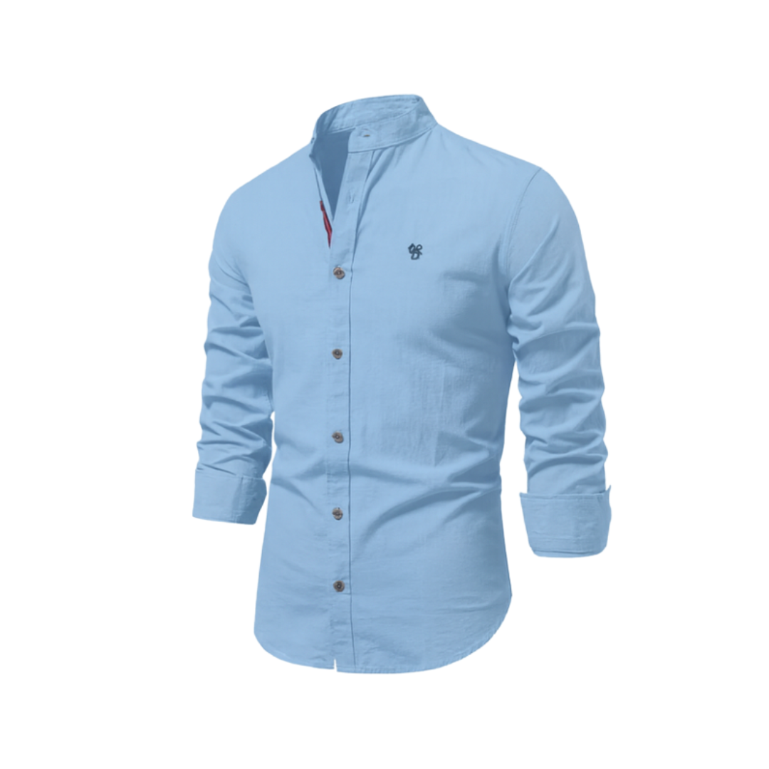 Men's Casual Woven Shirt with Band Collar and Button Cuffs