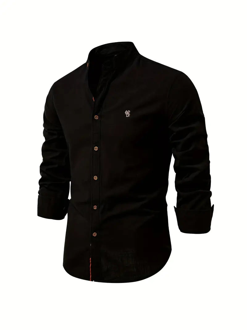 Men's Casual Woven Shirt with Band Collar and Button Cuffs