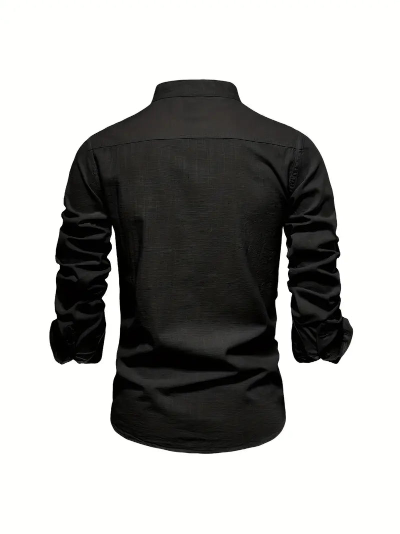 Men's Casual Woven Shirt with Band Collar and Button Cuffs