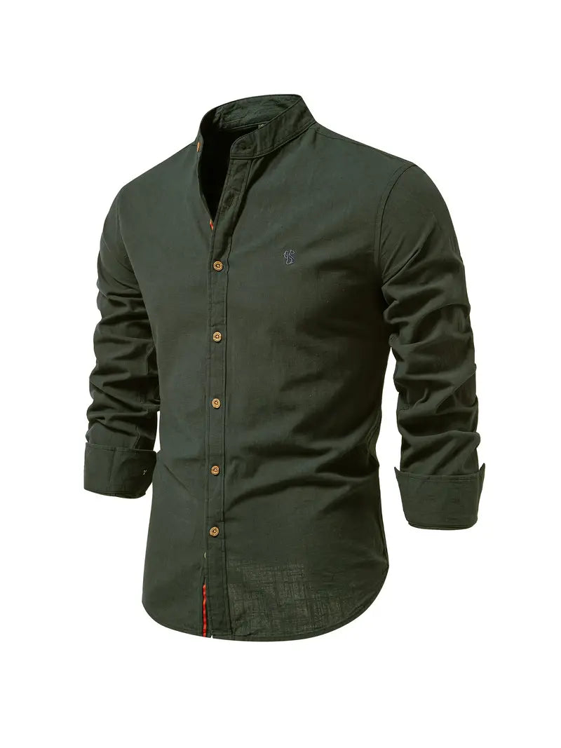Men's Casual Woven Shirt with Band Collar and Button Cuffs