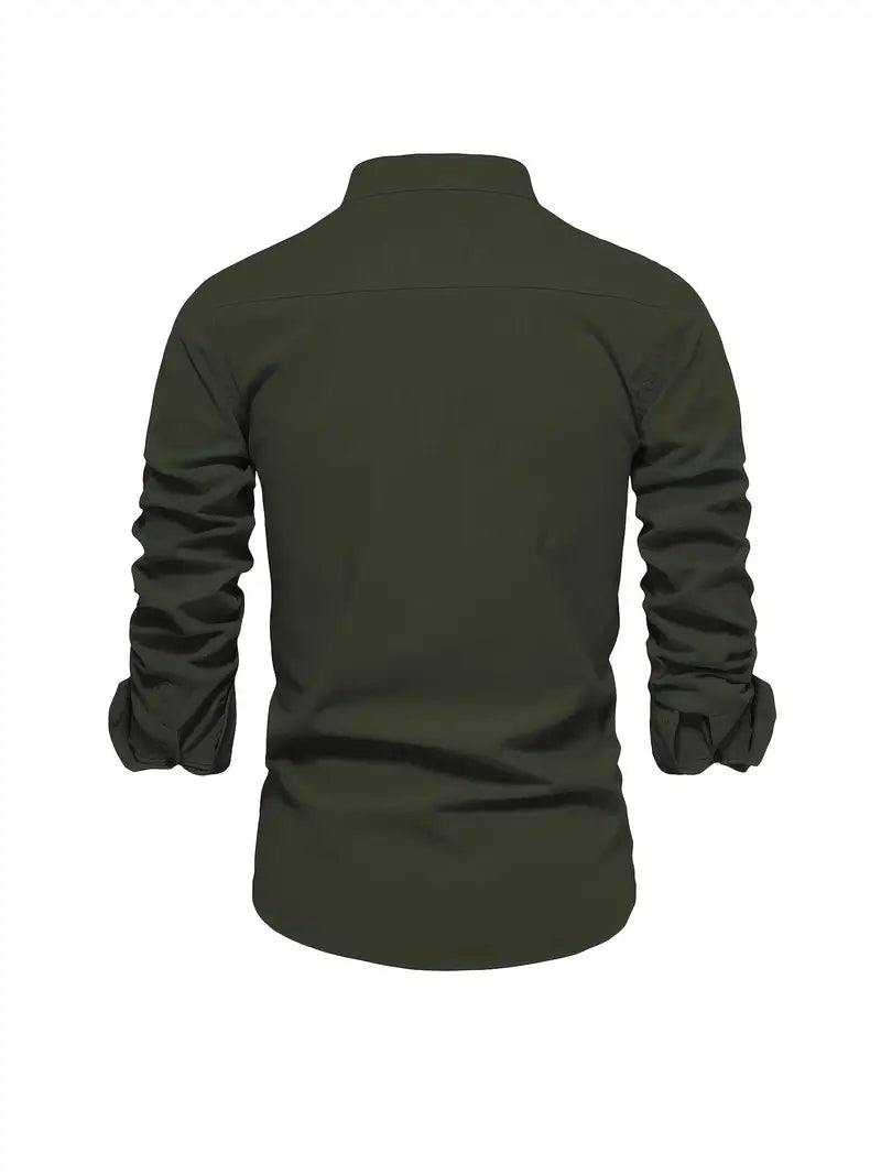 Men's Casual Woven Shirt with Band Collar and Button Cuffs