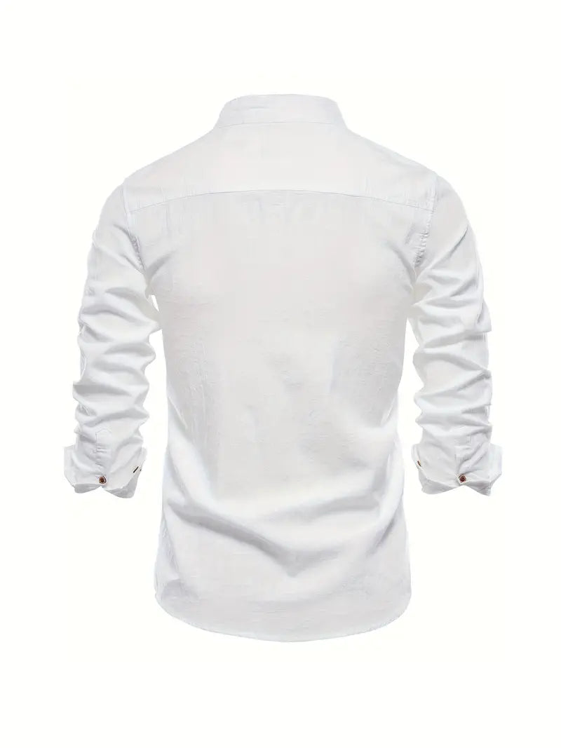Men's Casual Woven Shirt with Band Collar and Button Cuffs