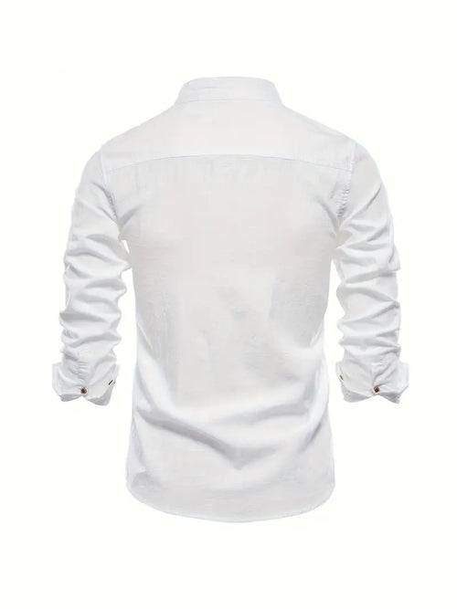 Men's Casual Woven Shirt with Band Collar and Button Cuffs