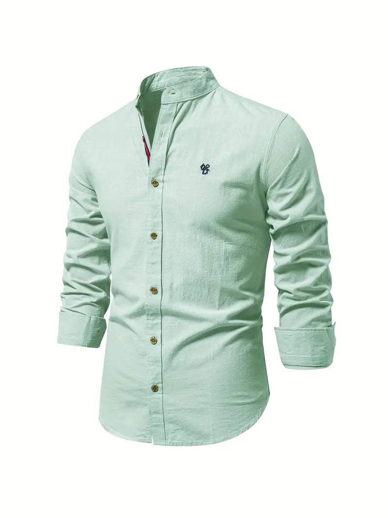 Men's Casual Woven Shirt with Band Collar and Button Cuffs