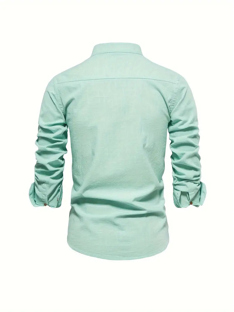 Men's Casual Woven Shirt with Band Collar and Button Cuffs