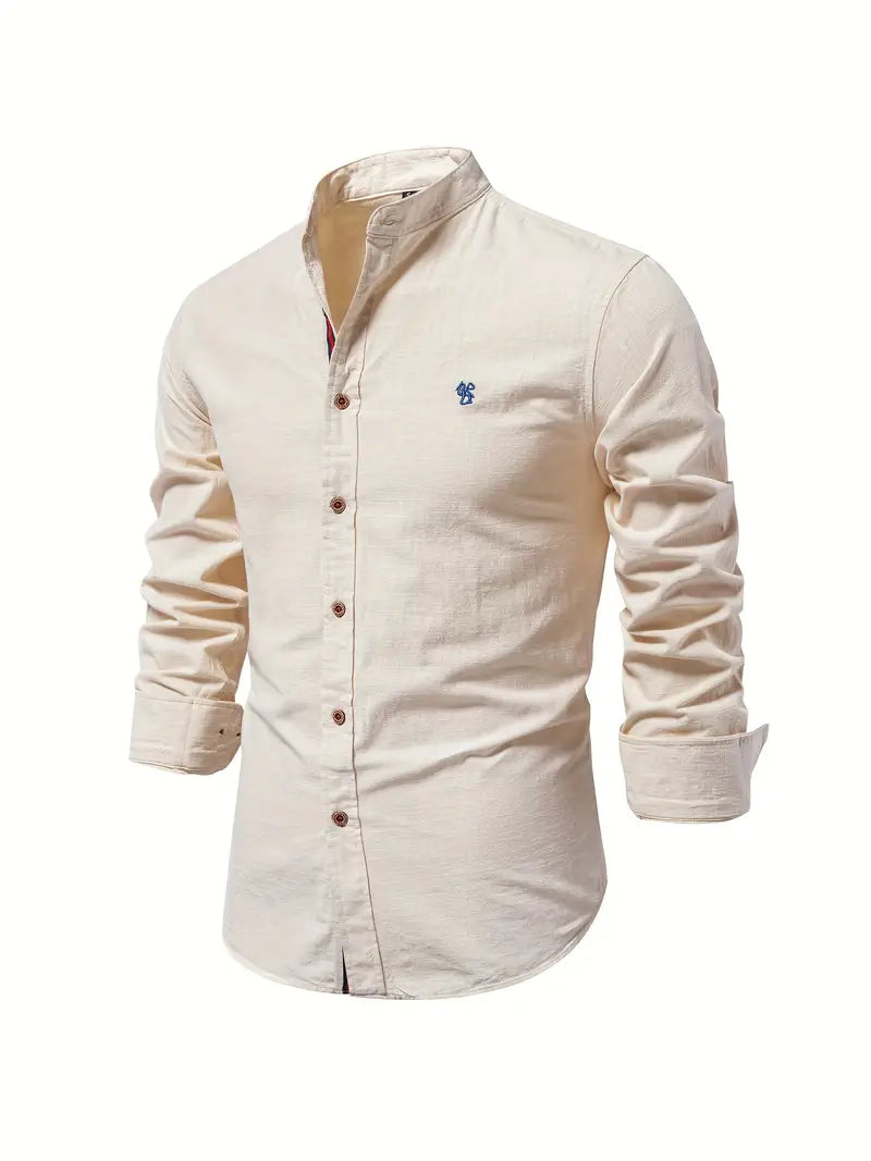 Men's Casual Woven Shirt with Band Collar and Button Cuffs