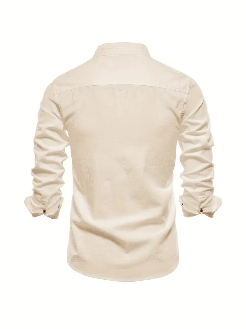 Men's Casual Woven Shirt with Band Collar and Button Cuffs
