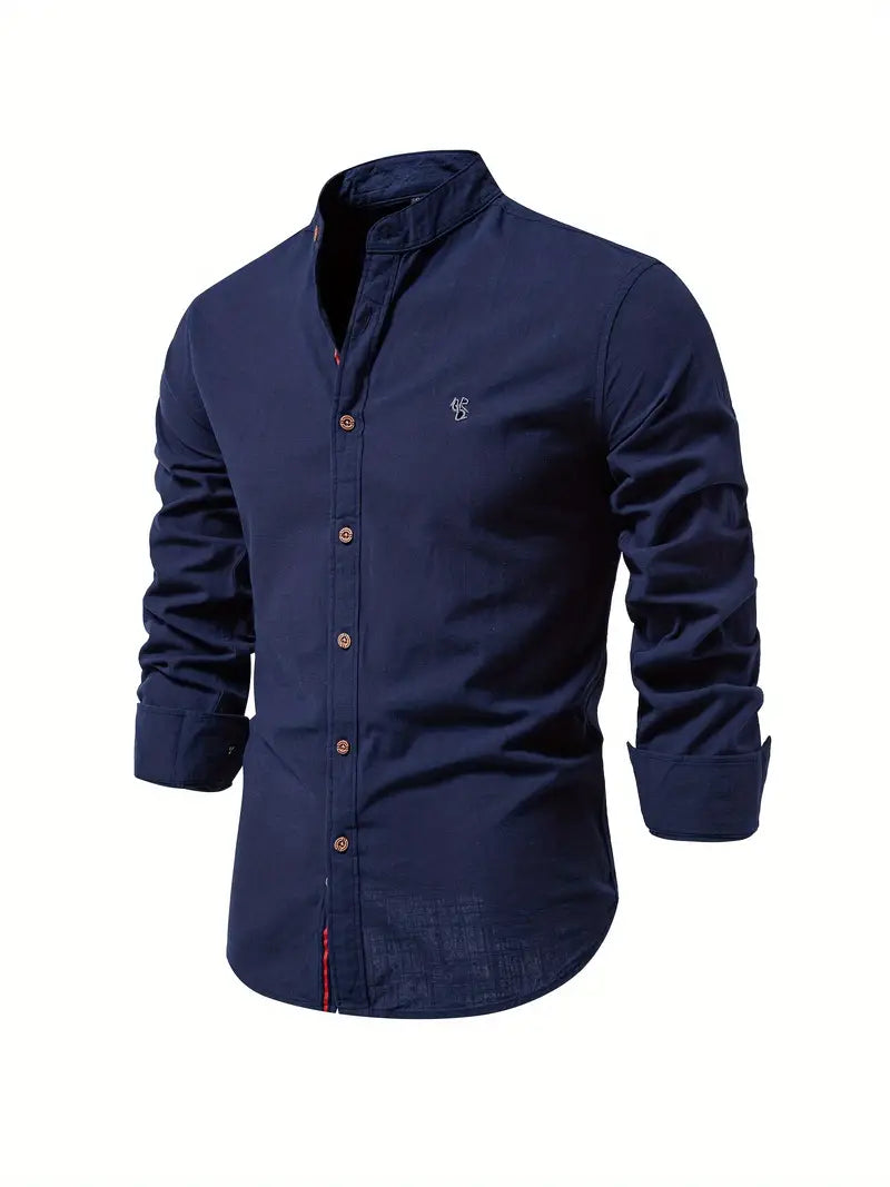 Men's Casual Woven Shirt with Band Collar and Button Cuffs