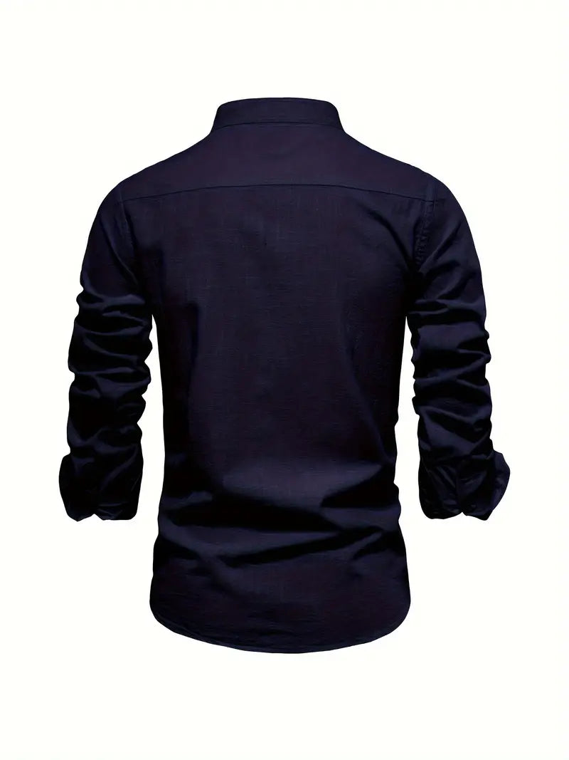 Men's Casual Woven Shirt with Band Collar and Button Cuffs