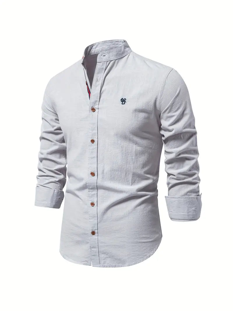 Men's Casual Woven Shirt with Band Collar and Button Cuffs