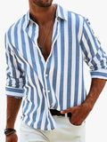 Men's Casual Woven Shirt with Vertical Stripes and Button Cuffs
