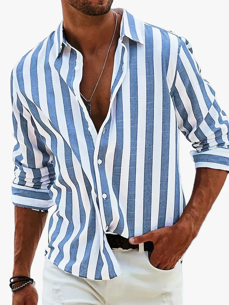 Men's Casual Woven Shirt with Vertical Stripes and Button Cuffs