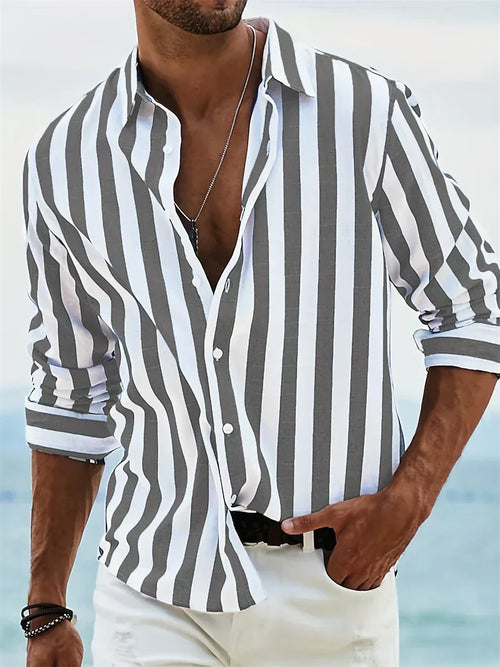 Men's Casual Woven Shirt with Vertical Stripes and Button Cuffs