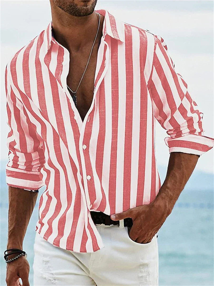 Men's Casual Woven Shirt with Vertical Stripes and Button Cuffs