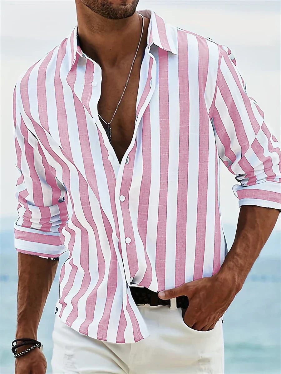 Men's Casual Woven Shirt with Vertical Stripes and Button Cuffs