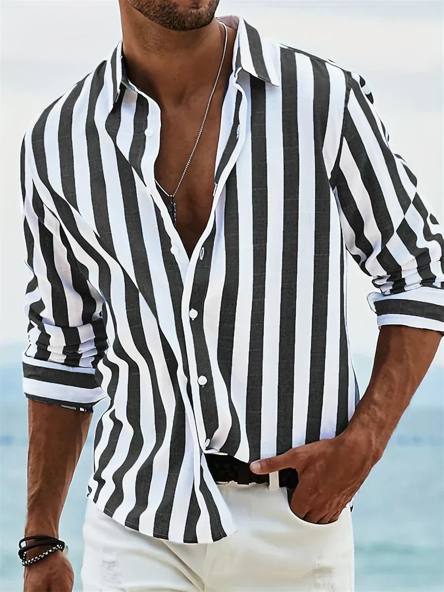 Men's Casual Woven Shirt with Vertical Stripes and Button Cuffs