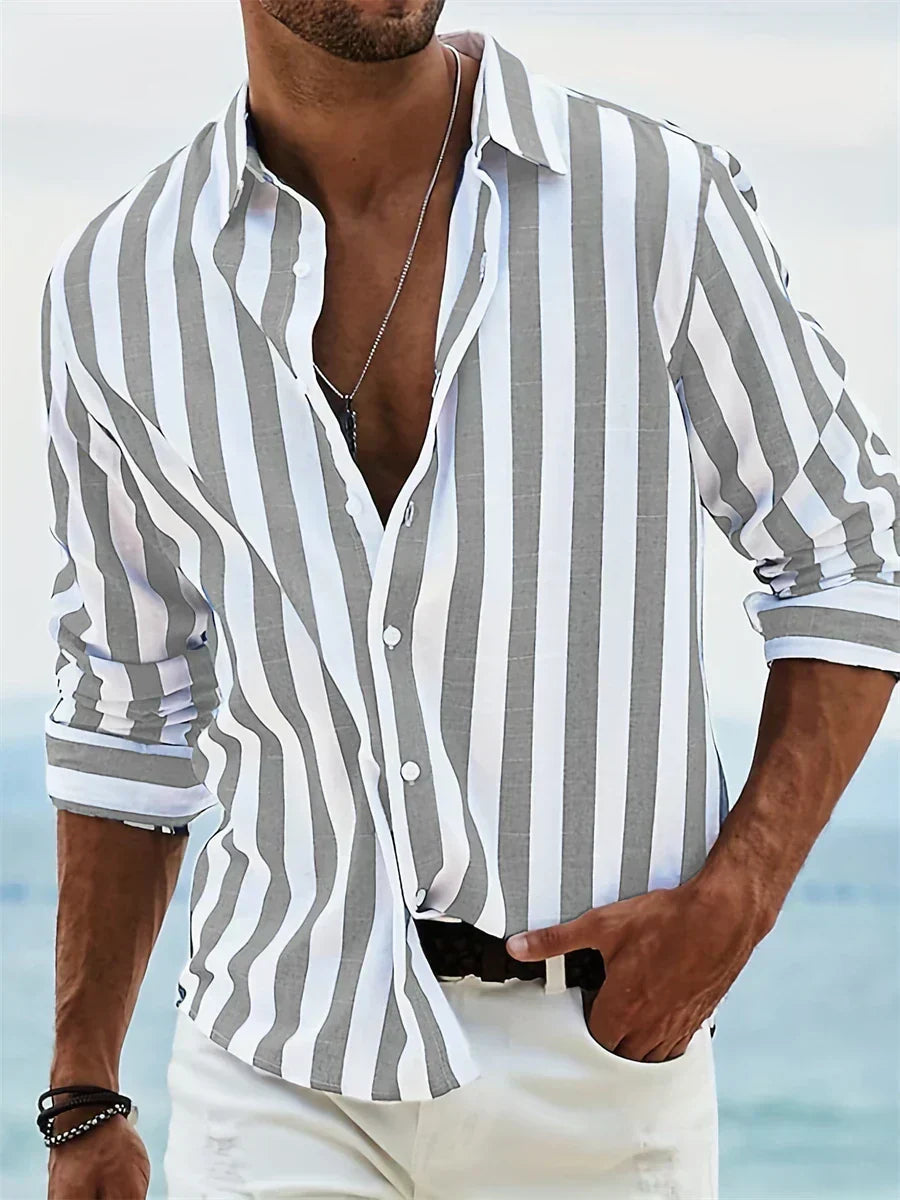 Men's Casual Woven Shirt with Vertical Stripes and Button Cuffs